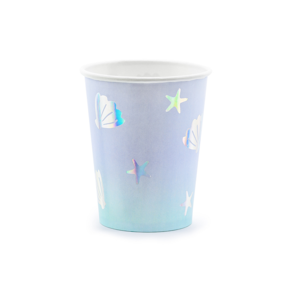 A set of 6 cups with sea-inspired colors and patterns, ideal for an under-the-sea celebration.