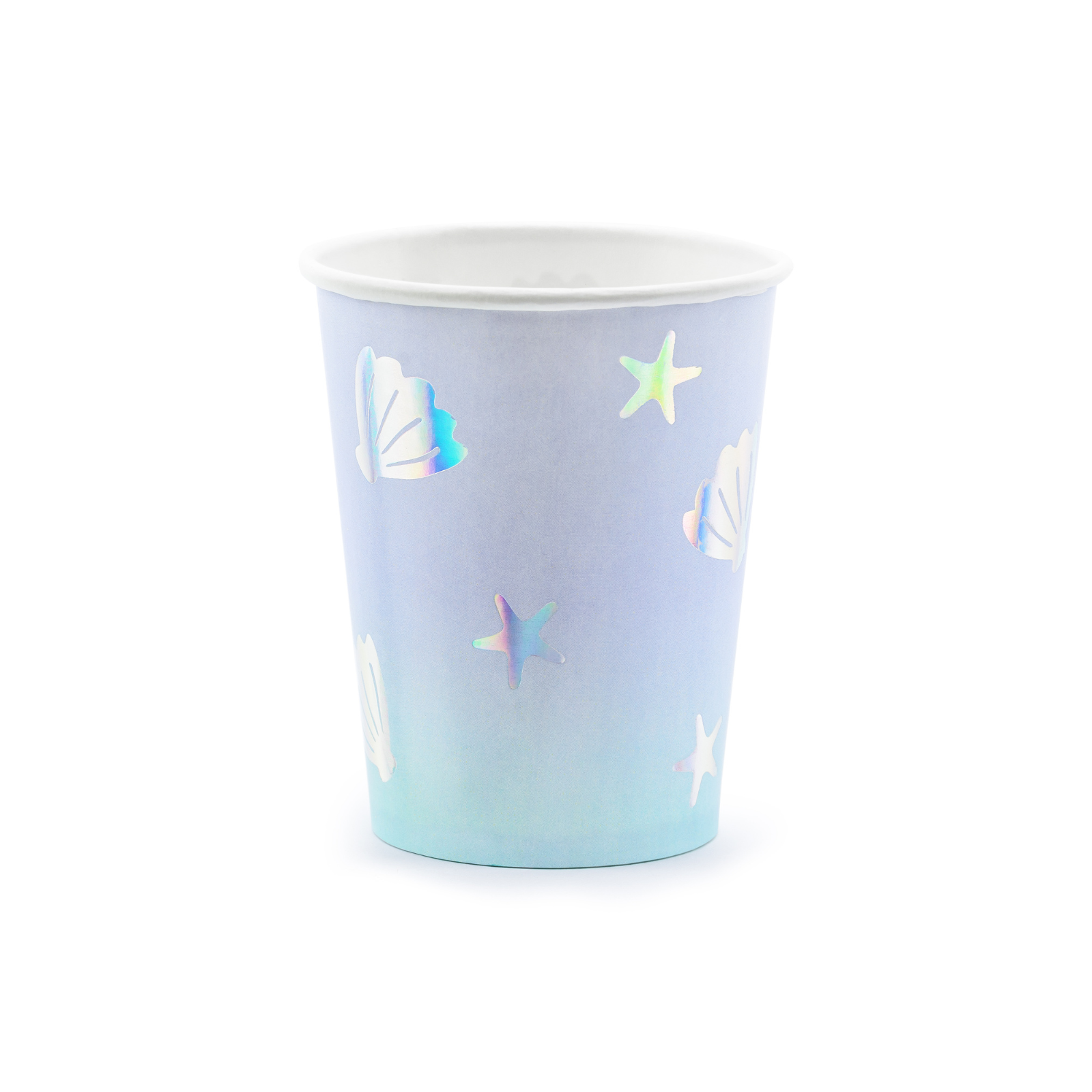 A set of 6 cups with sea-inspired colors and patterns, ideal for an under-the-sea celebration.