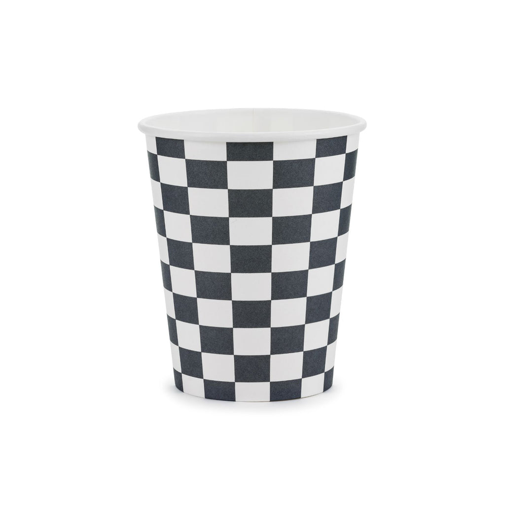 A pack of 6 paper cups with a classic black-and-white checkered pattern, ideal for racing parties.