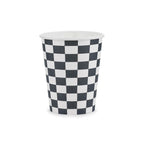 A pack of 6 paper cups with a classic black-and-white checkered pattern, ideal for racing parties.