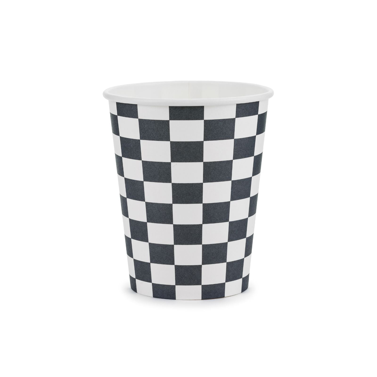 A pack of 6 paper cups with a classic black-and-white checkered pattern, ideal for racing parties.
