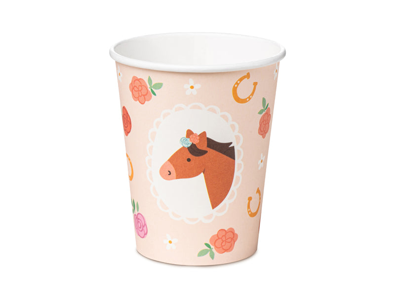 Pink Pony Club paper cups with pony illustrations