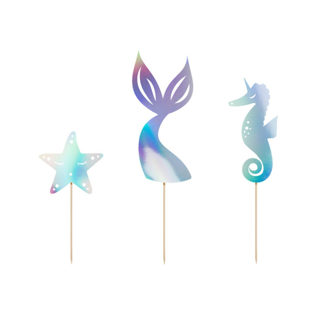 A set of 3 cake toppers featuring mermaids and undersea elements, ideal for ocean-themed cakes.