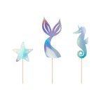 A set of 3 cake toppers featuring mermaids and undersea elements, ideal for ocean-themed cakes.