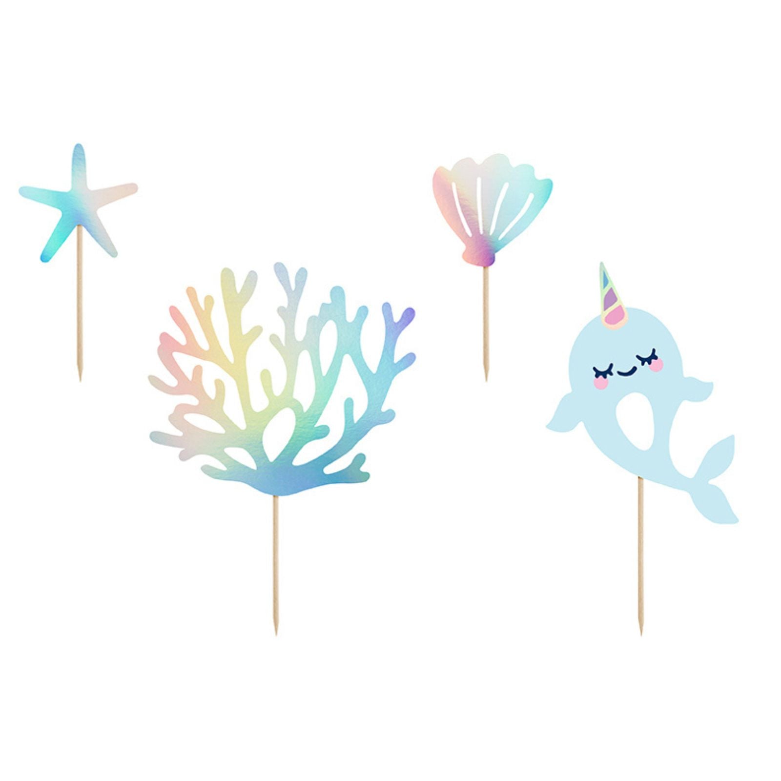A pack of 4 adorable narwhal-themed cake toppers in ocean colors, ideal for cupcakes or cakes.