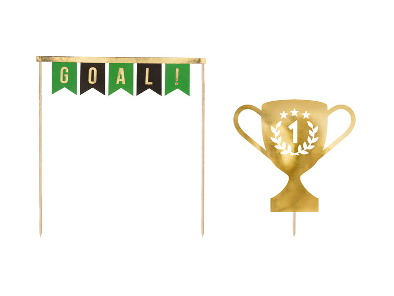Gold trophy with number 1 and green 'GOAL!' banner for a cake