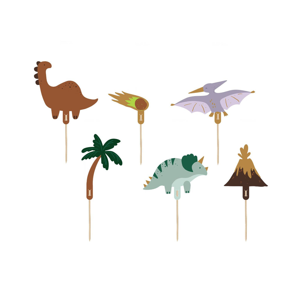 A pack of 6 dino-themed cake toppers including fun prehistoric characters and shapes.