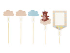 Set of decorative cake toppers with clouds, a bear, and a 'ONE' banner on sticks