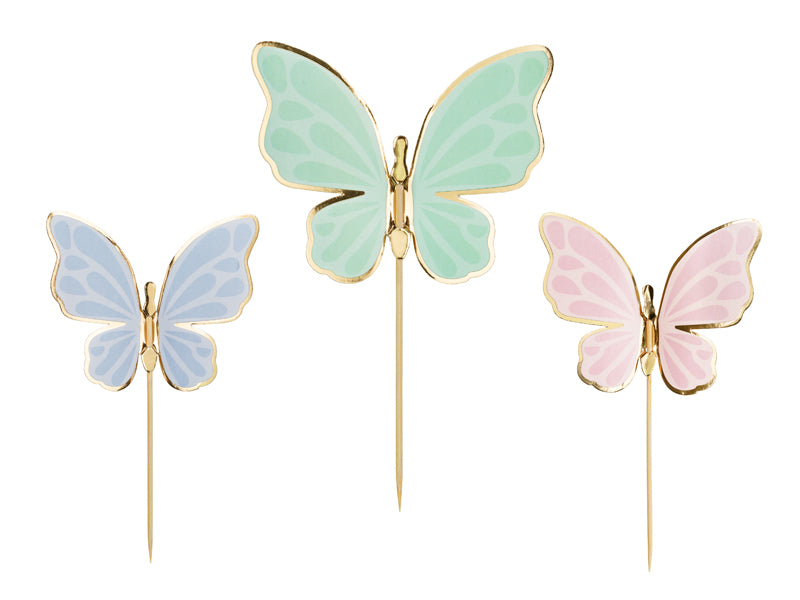 A set of 9 delicate butterfly-shaped toppers in soft pastel colors, perfect for cupcakes and cakes.

