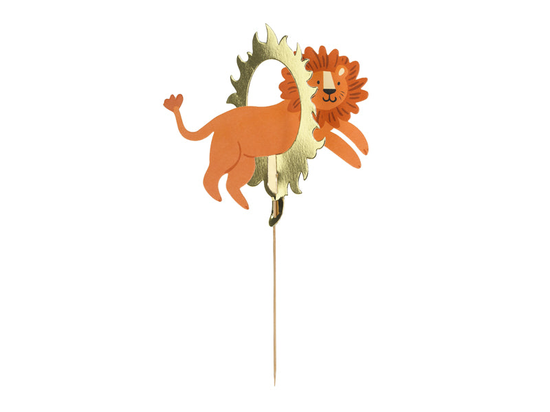A single cake topper shaped like a lion, ideal for a circus or animal-themed birthday cake.