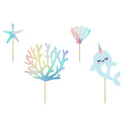 A pack of 4 adorable narwhal-themed cake toppers in ocean colors, ideal for cupcakes or cakes.