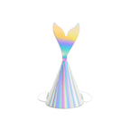 A pack of 6 mermaid-themed cone party hats with ocean-inspired patterns and colors.