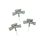 'Happy Halloween' signs on toothpicks against a white background
