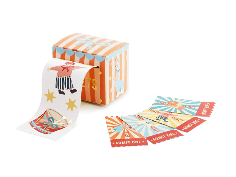 A set of 7 stickers featuring circus-themed designs, such as tickets and clowns, perfect for party favors or decorations.