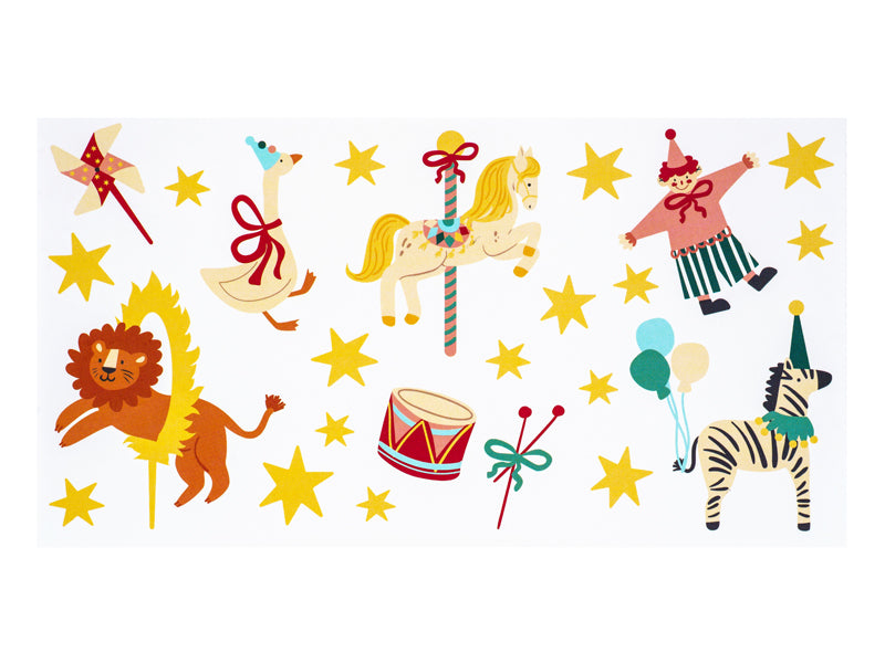A pack of 24 temporary tattoos featuring circus-themed designs like clowns, animals, and tents, perfect for kids' parties.