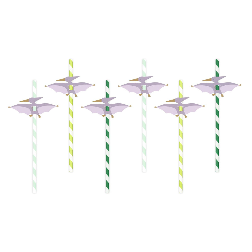 A pack of 6 green and themed paper straws with dino toppers, great for drinks at a prehistoric party.

