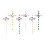 A pack of 6 green and themed paper straws with dino toppers, great for drinks at a prehistoric party.

