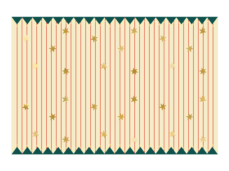 A tablecloth featuring red and white thin stripes with star accents, perfect for a circus or carnival-themed table setting.

