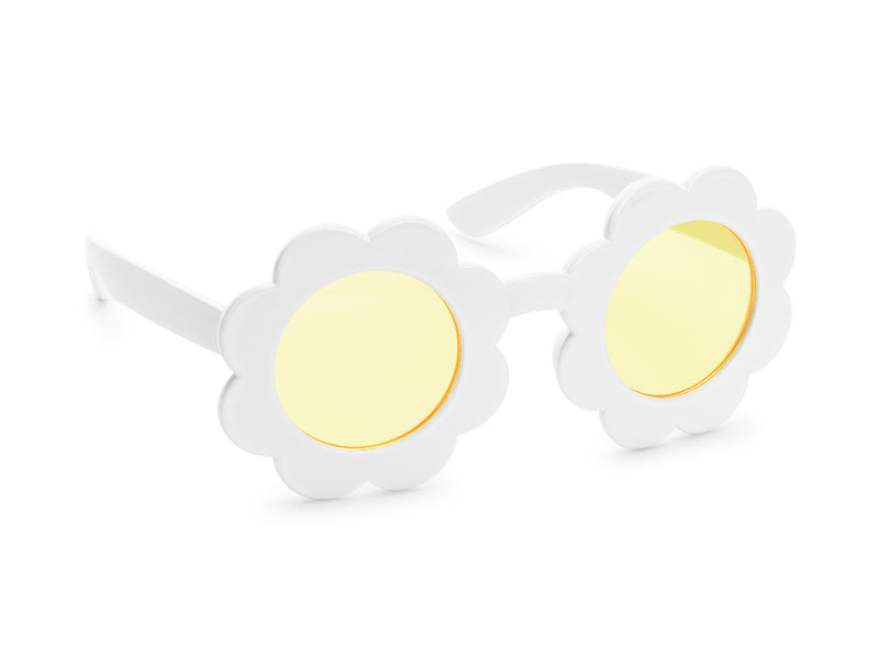 White flower sunglasses with yellow lenses on a white background