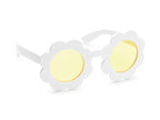 White flower sunglasses with yellow lenses on a white background