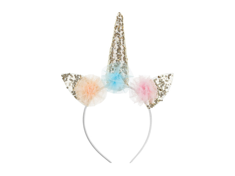 A magical unicorn headband adorned with sparkly details, perfect for fairytale-themed parties.