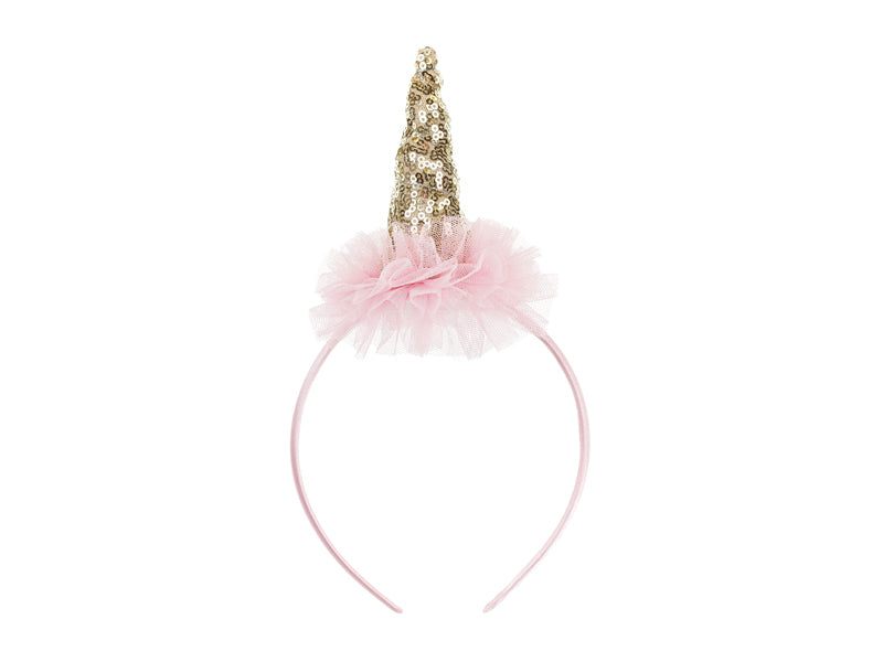 A whimsical sequin unicorn horn with frilly detail,  perfect for dressing up at fairytale-themed parties.