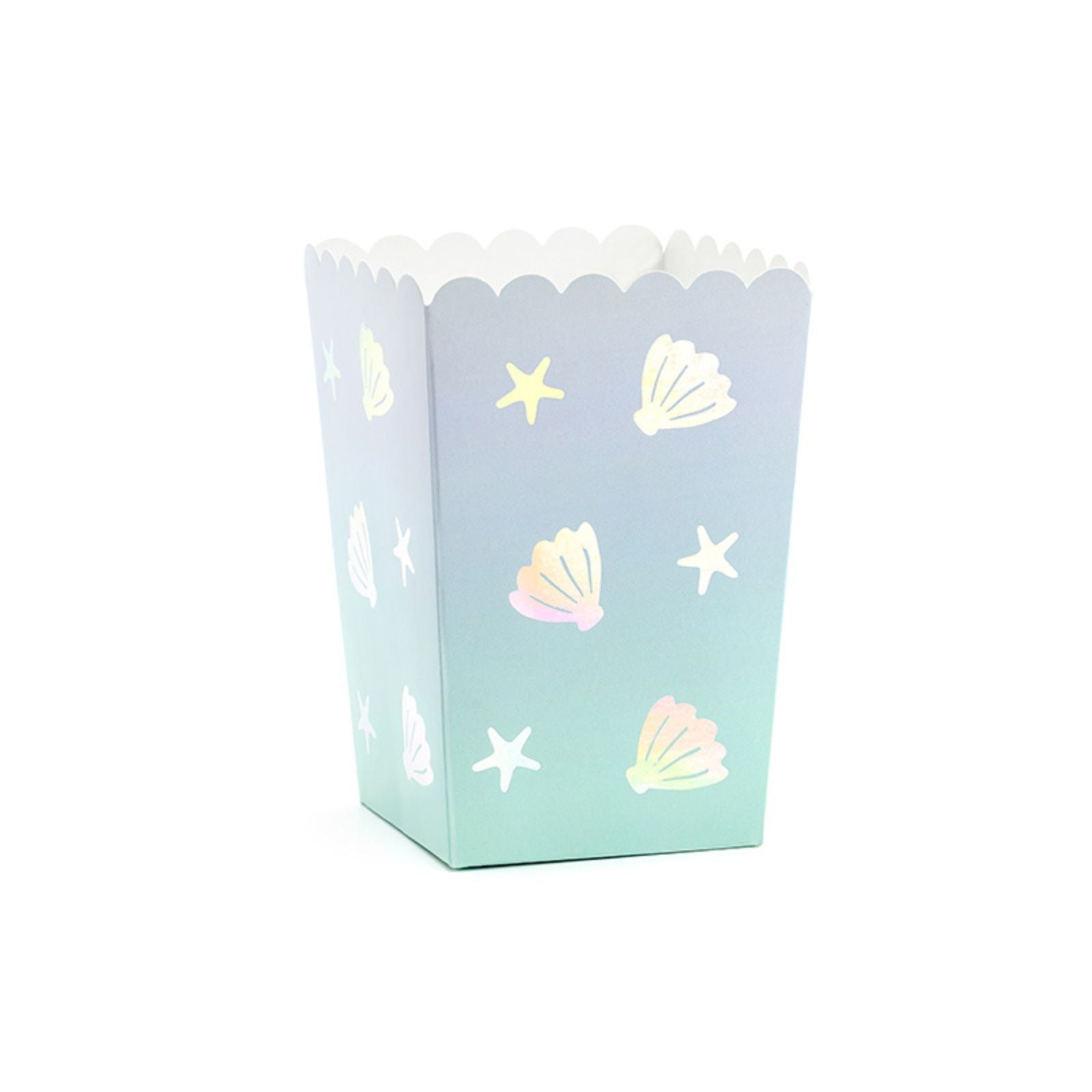 A set of 6 pastel-colored snack boxes with seashell and mermaid motifs, perfect for serving treats.