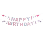 Two banners saying 'Happy' and 'Birthday' featuring pampering essentials like makeup brushes and nail varnish.