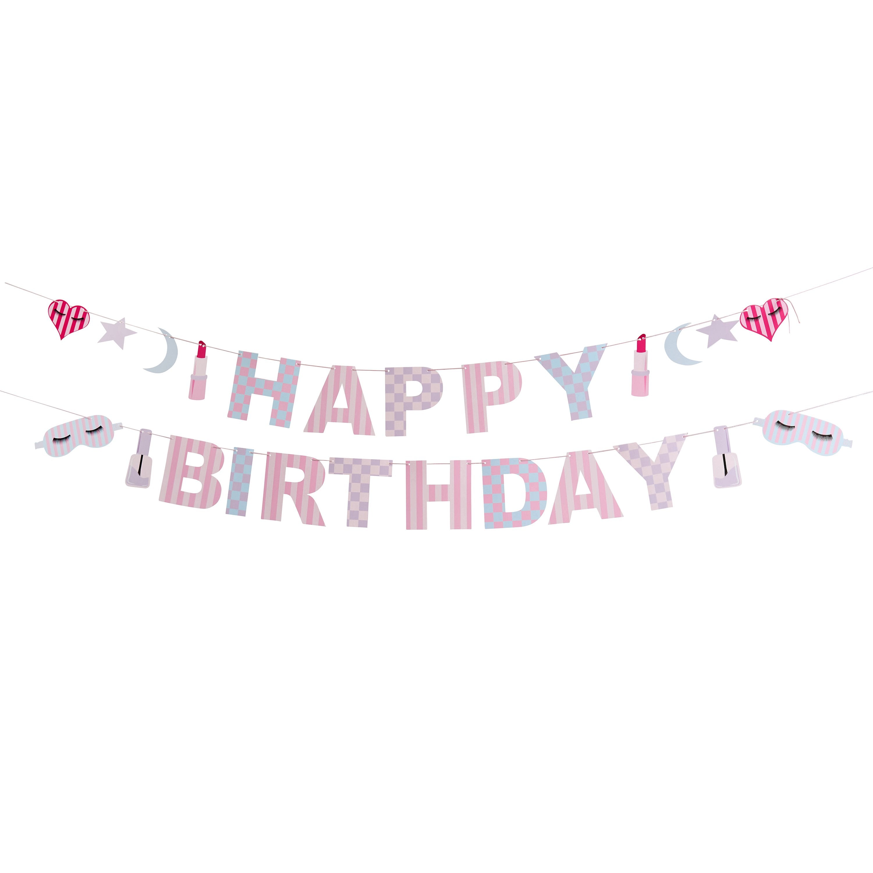 Two banners saying 'Happy' and 'Birthday' featuring pampering essentials like makeup brushes and nail varnish.