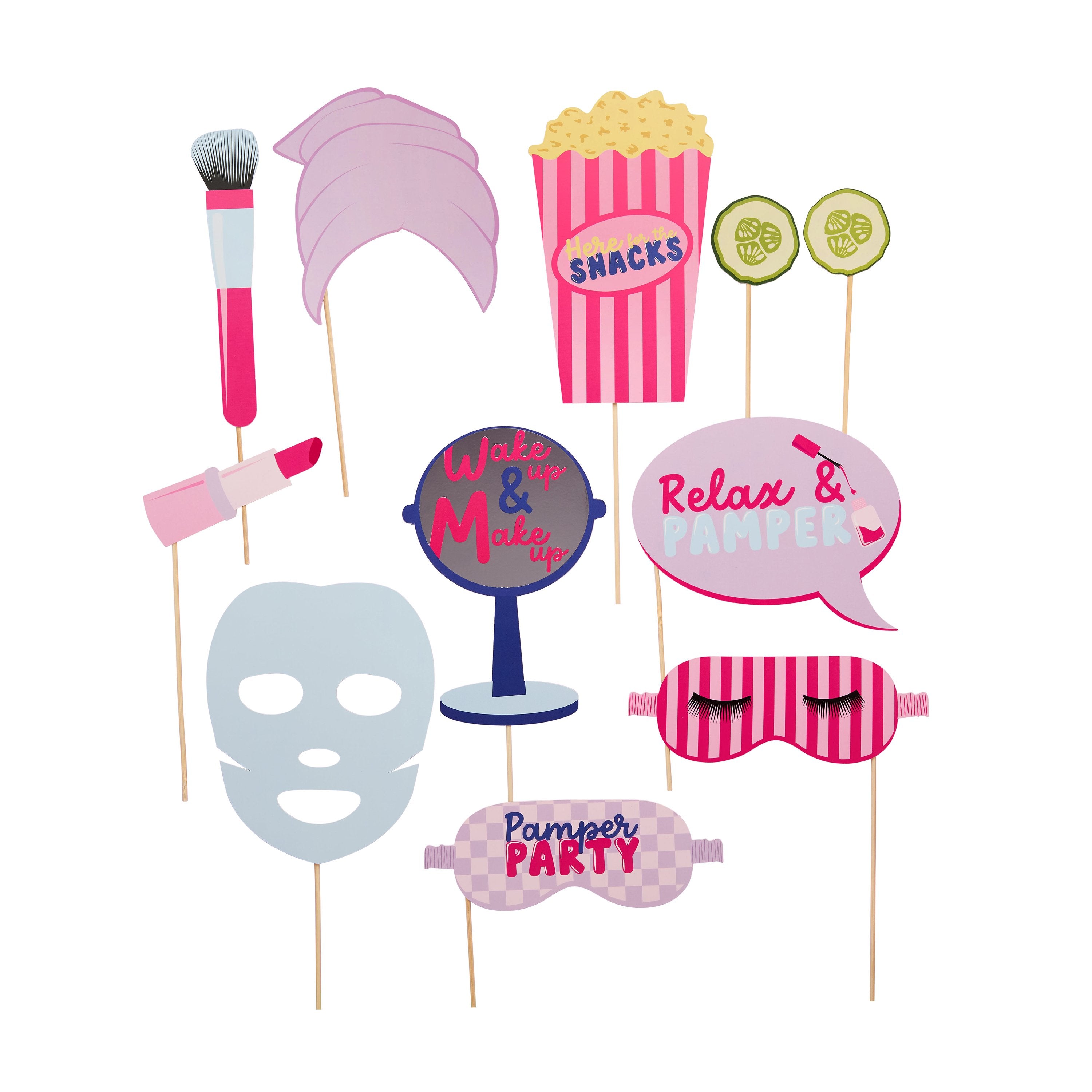  A pack of 11 photo props featuring beauty-related items like lipstick, glasses, and more.