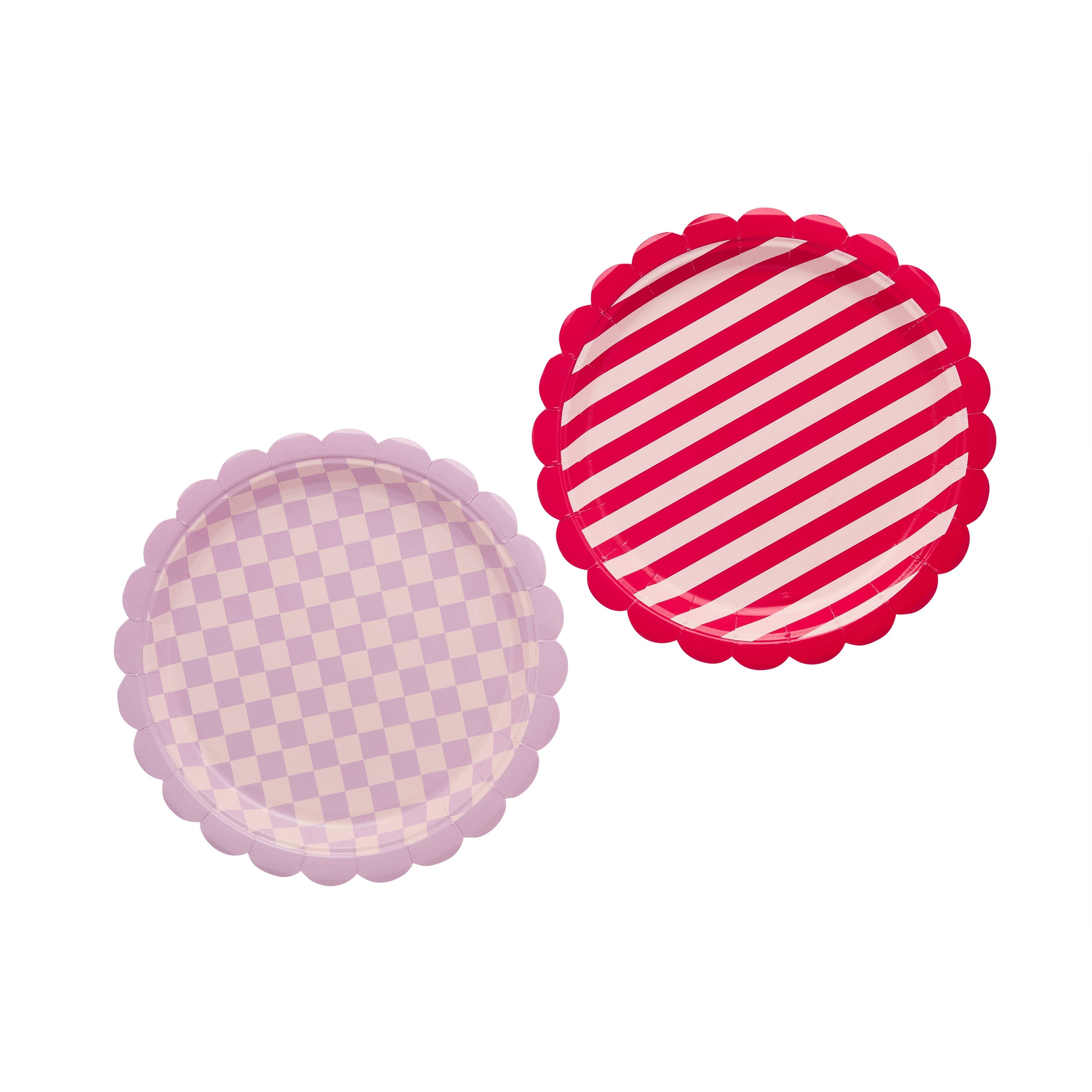 A set of 8 plates with stripes and chequered designs, perfect for serving food at a beauty-inspired party.