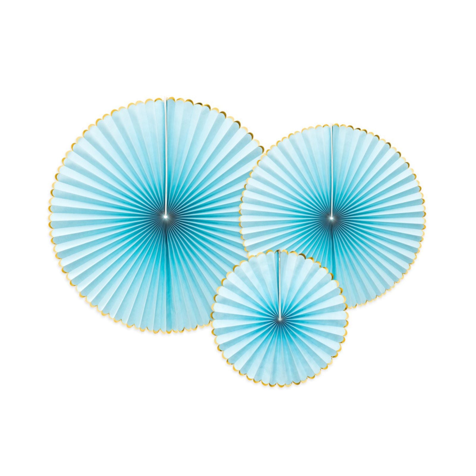 A set of 3 decorative blue paper rosettes, ideal for adding festive flair to any party wall or backdrop