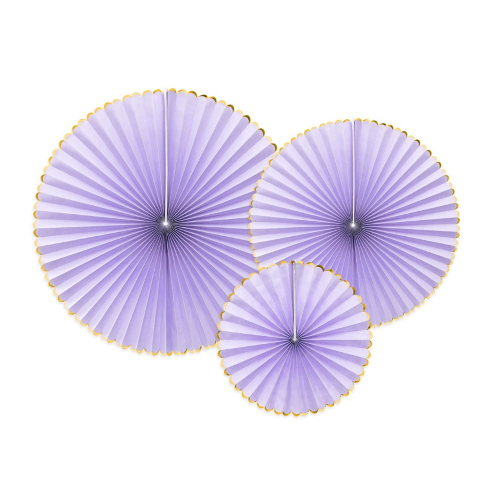A pack of 3 purple paper rosettes for fairytale or pastel-themed party décor.