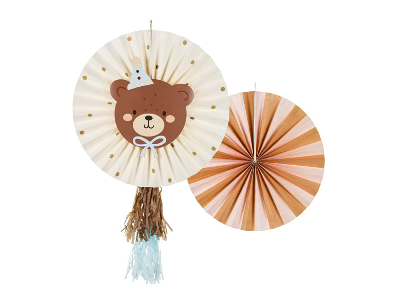 Decorative fans with a bear design and tassel and a striped fan