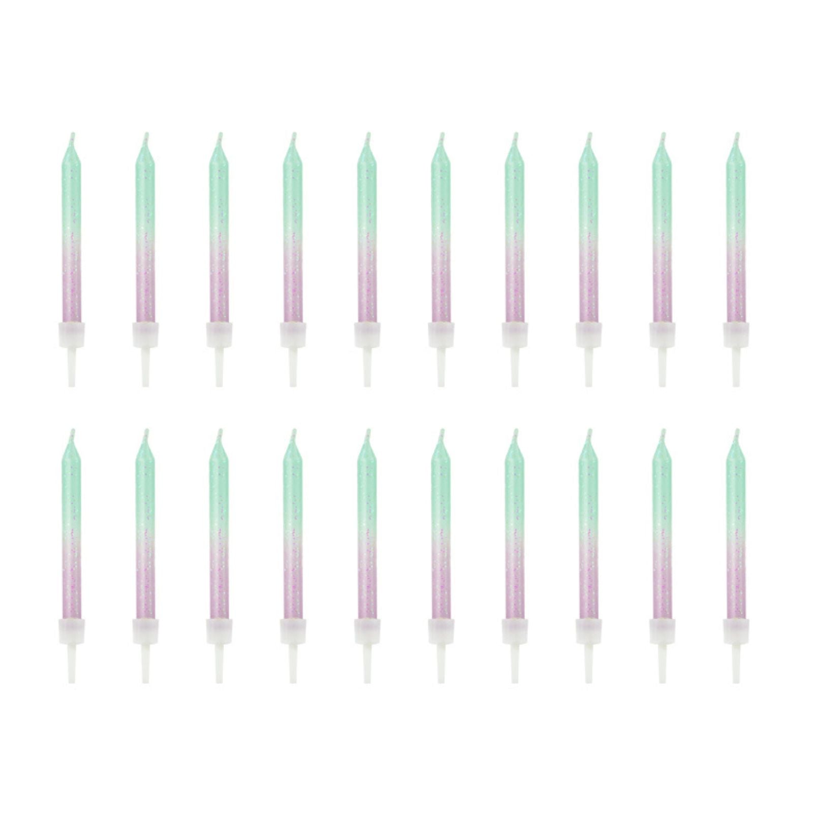 A set of 20 ombré-colored candles in oceanic shades, ideal for birthday cakes with a coastal theme.