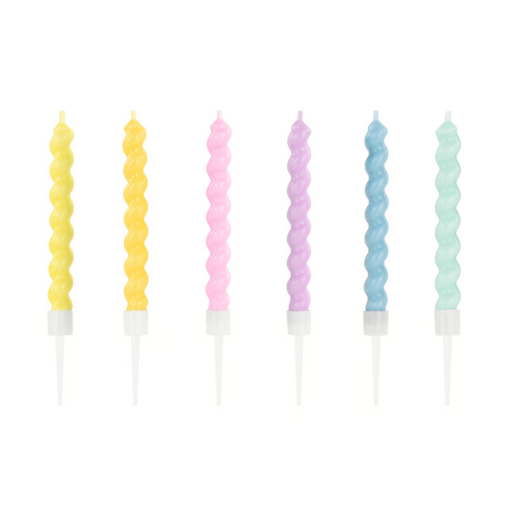 A set of 6 colorful candles ideal for decorating cakes at a magical birthday party.