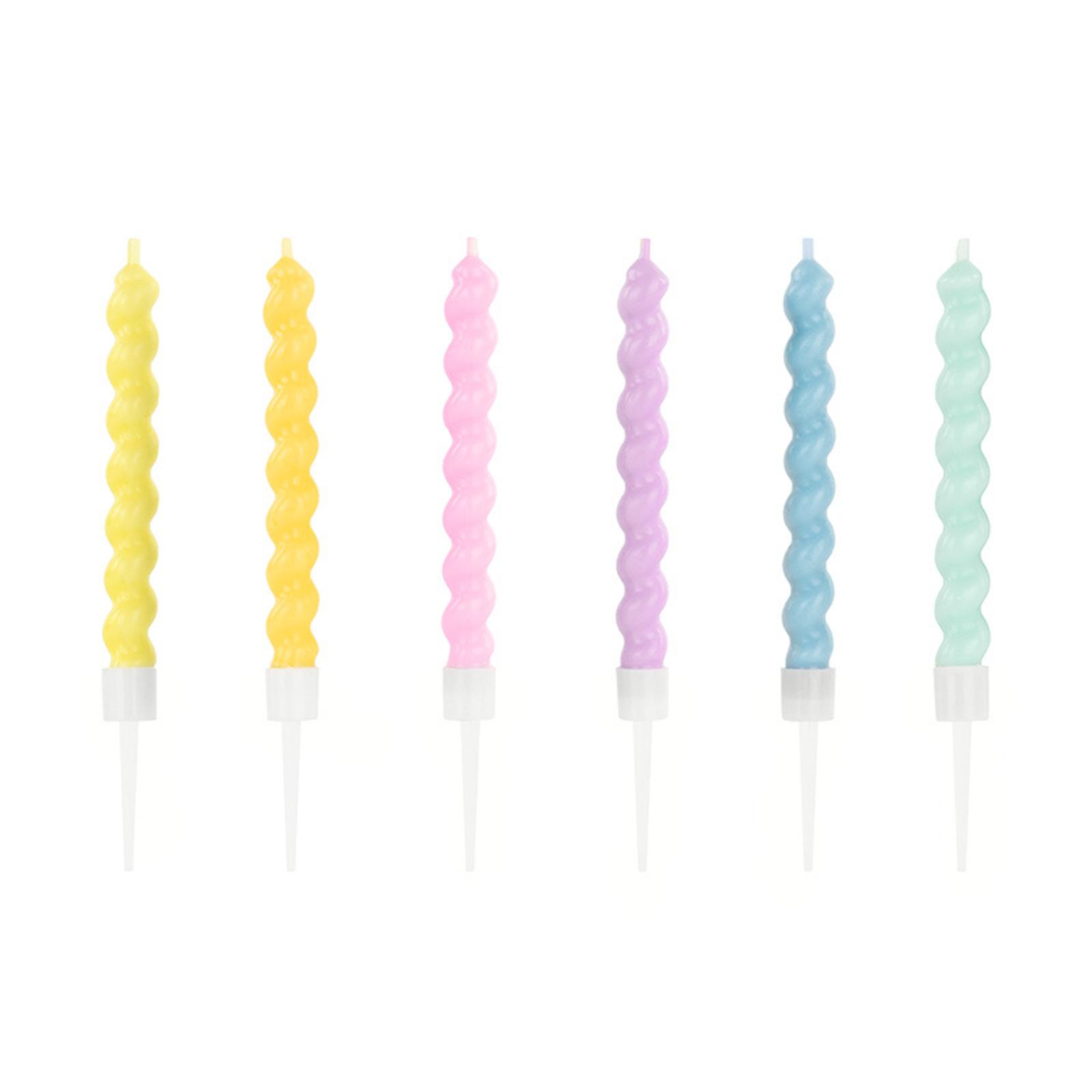 A set of 6 colorful candles ideal for decorating cakes at a magical birthday party.
