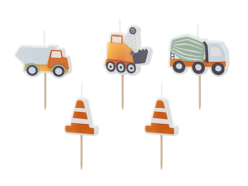 Pack of 5 colorful Little Builder birthday candles with construction-themed decorations