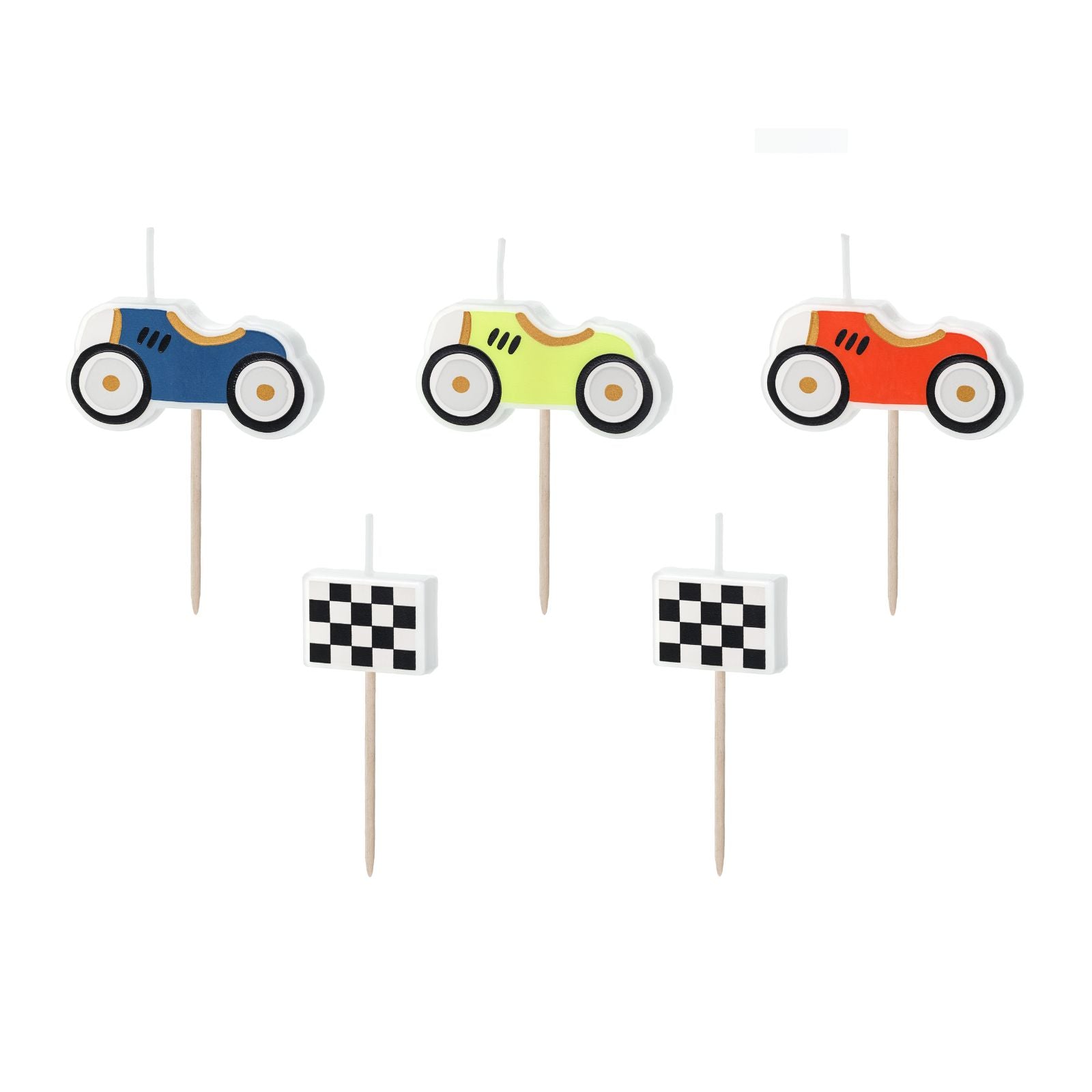 A set of 5 candles in shapes like cars, wheels, and trophies, ideal for cake decoration.