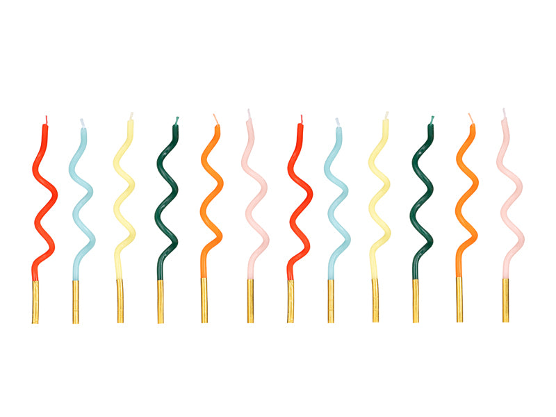 A set of 12 colorful curly candles with a circus vibe, perfect for adding a festive touch to your birthday cakes.