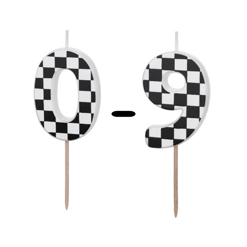 A single birthday candle featuring a checkered race flag design and number, ideal for racing fans.