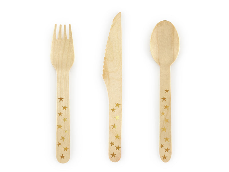 A set of 18 wooden cutlery pieces, each adorned with small gold stars, perfect for adding a touch of elegance to any party.