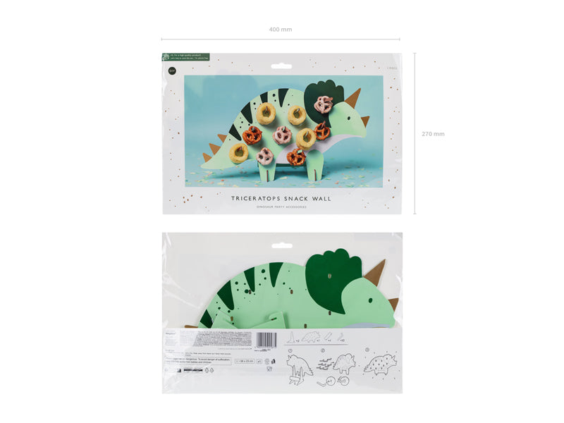 Triceratops-themed snack wall packaging on a white background