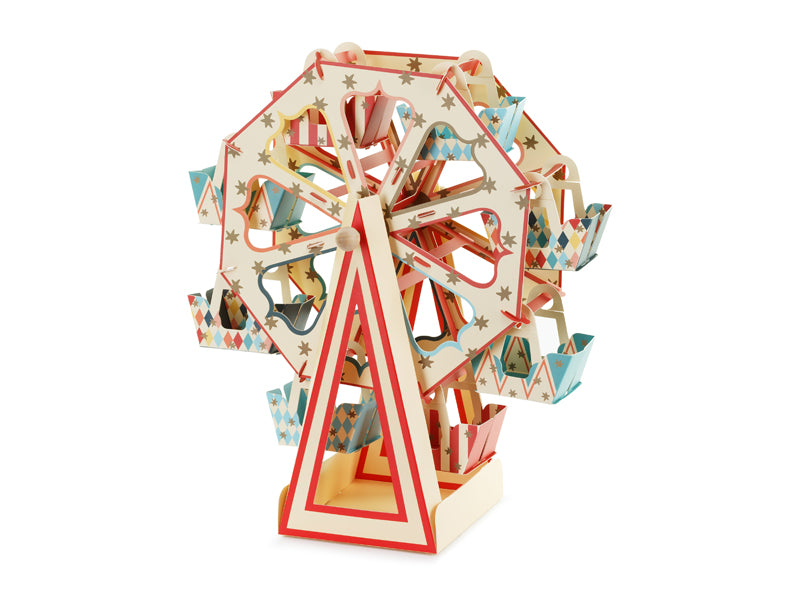 A unique snack holder designed like a miniature Ferris wheel, perfect for serving circus-themed treats at a party.