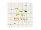 Napkins with 'I am one today' text in gold on a blue and beige checkered pattern