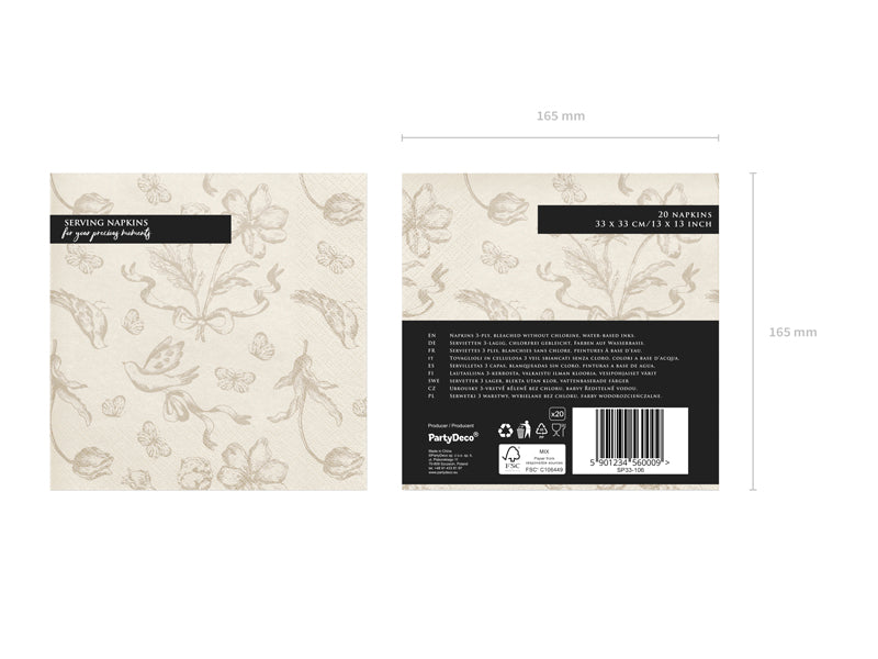 Packaging design of floral-patterned napkins with dimensions and branding details.