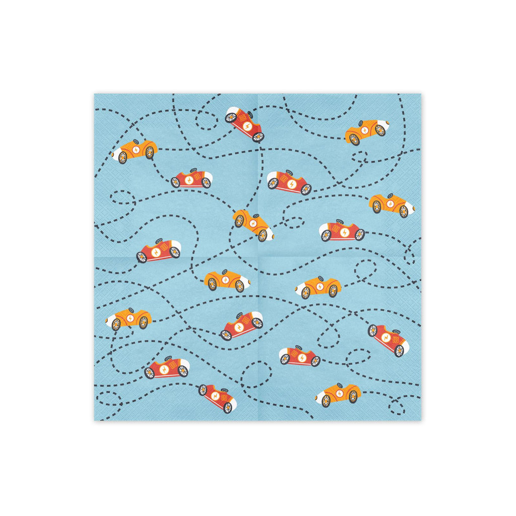 A pack of 12 napkins with bold checkered and racing icon designs, perfect for keeping hands clean at a fast-paced party.