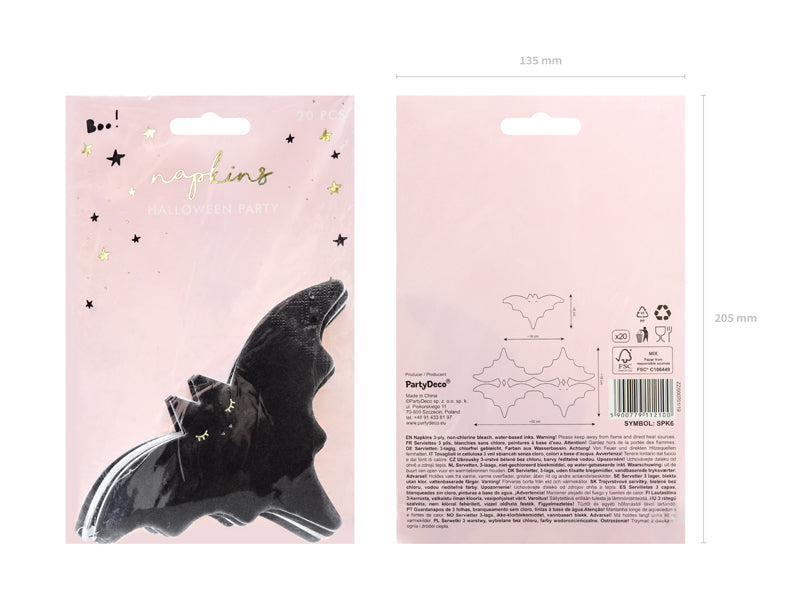 Packaging of Halloween bat-shaped napkins showing festive design.