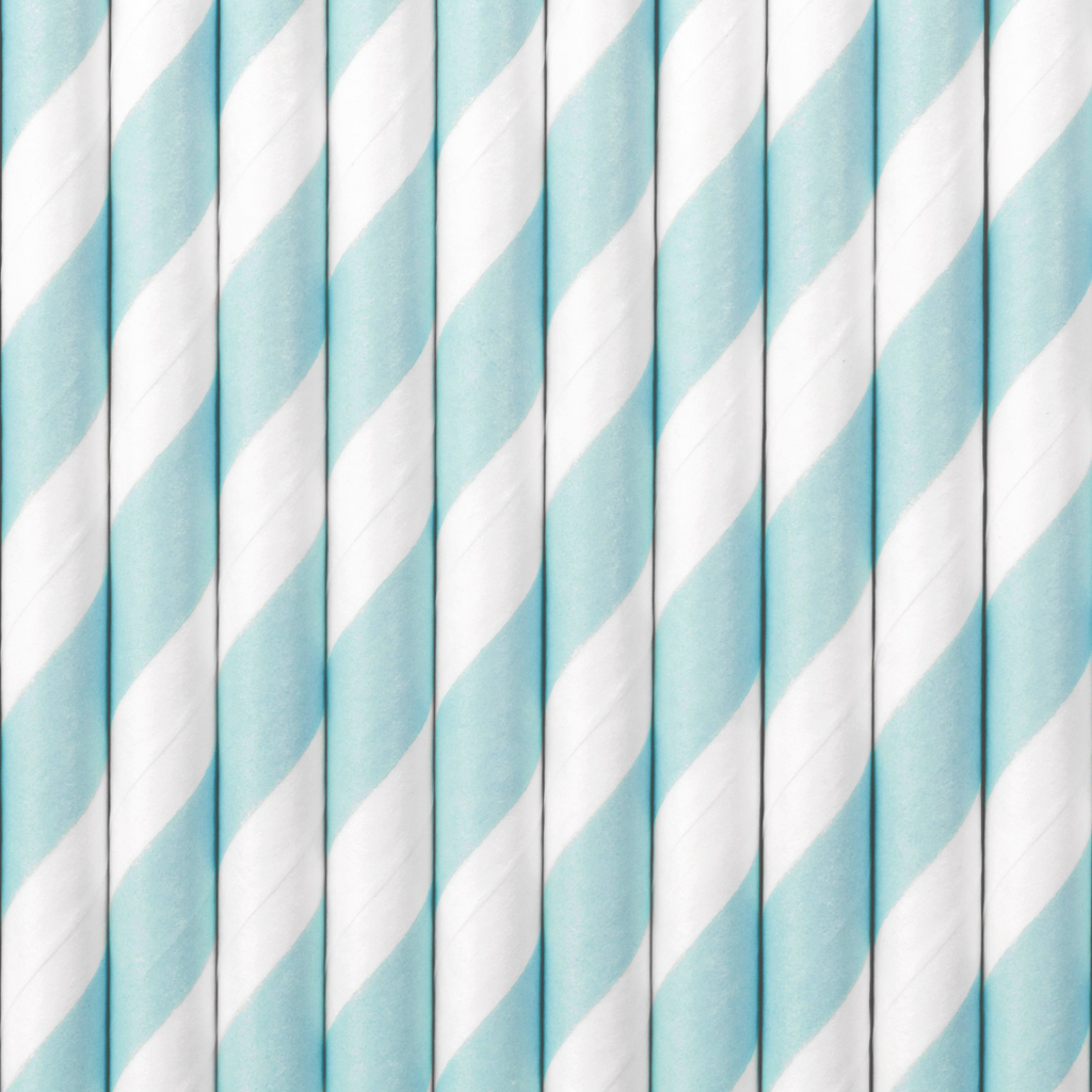 A pack of 10 light blue and white striped paper straws, great for baby showers or soft pastel themes.