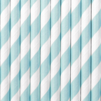 A pack of 10 light blue and white striped paper straws, great for baby showers or soft pastel themes.